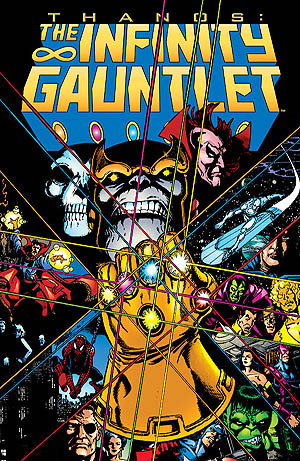 Infinity Gauntlet conte le combat titanesque de Thanos contre les Avengers, Spider-Man, les X-Men et des héros mystiques et cosmiques dont Drax et Dr Strange.